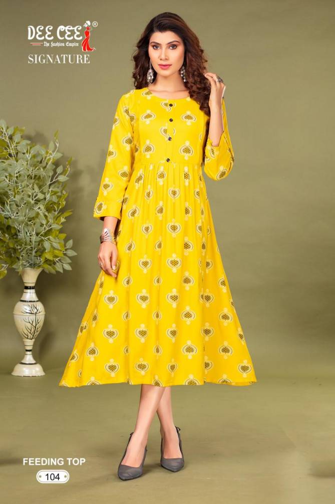 Signature By Dee Cee Rayon Printed Feeding Kurtis Wholesale Shop In Surat
